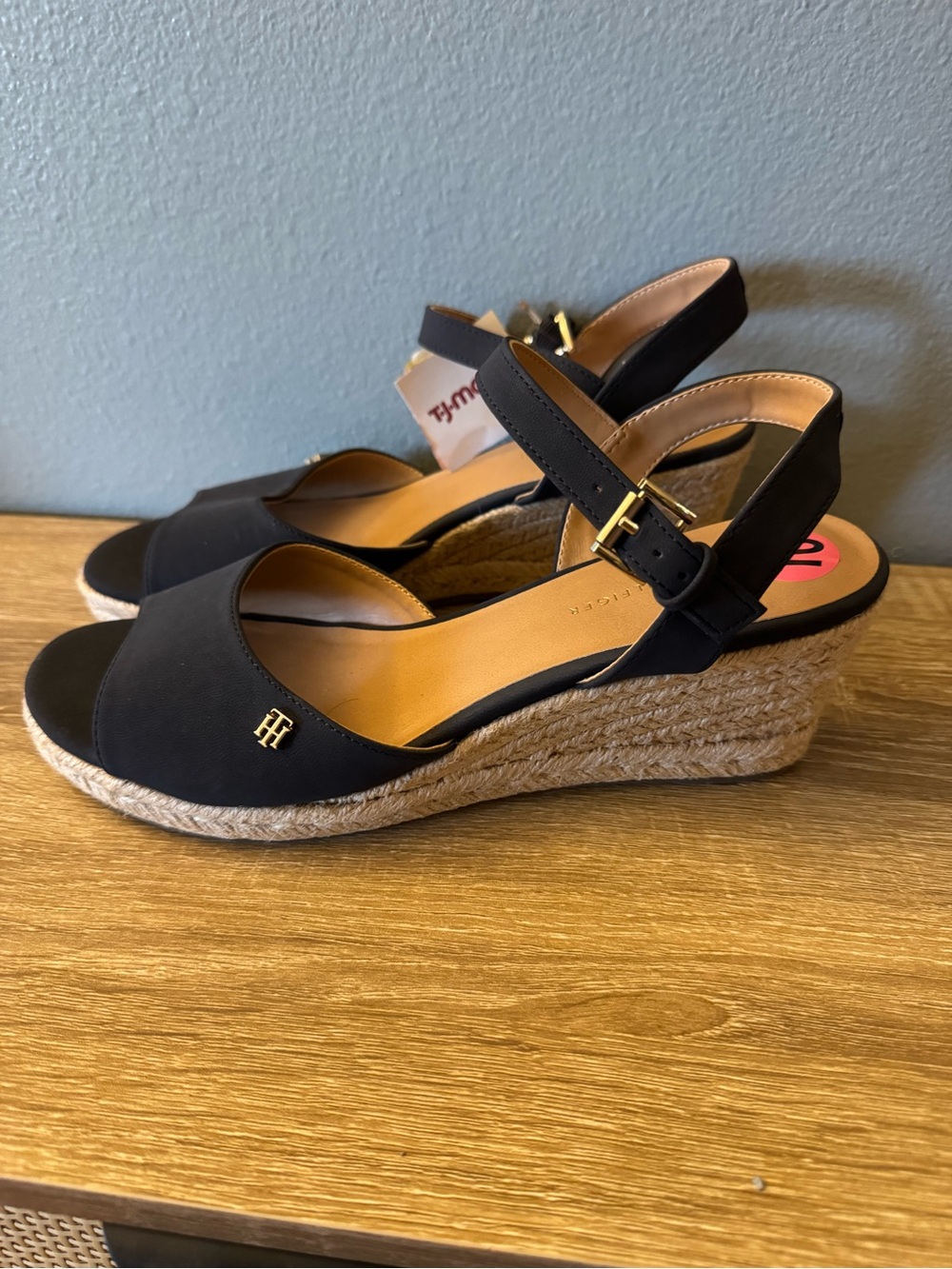 Tommy Hilfiger Black Espadrille Wedge Sandals with Gold Accents